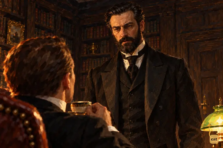 In the lamplit library, Barrymore confirms another man is hiding on the moor
