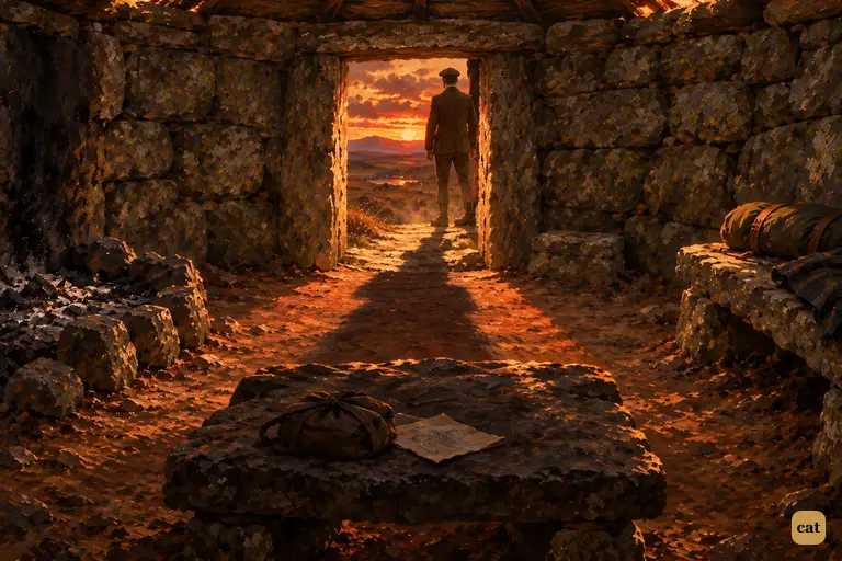From the dark recess of the stone hut, the doorway glows with a blood-red sunset.