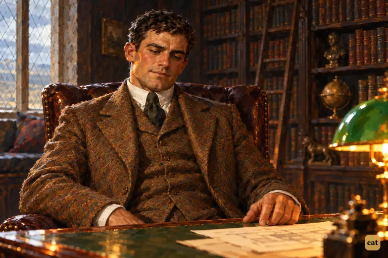 Sir Henry leans back in his chair in the firelit study with a rueful half-smile