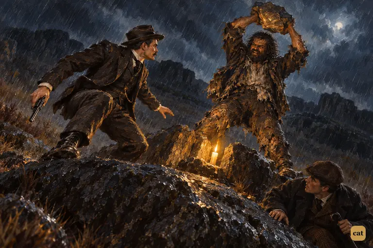 The ambush breaks on the dark, rainy moor.