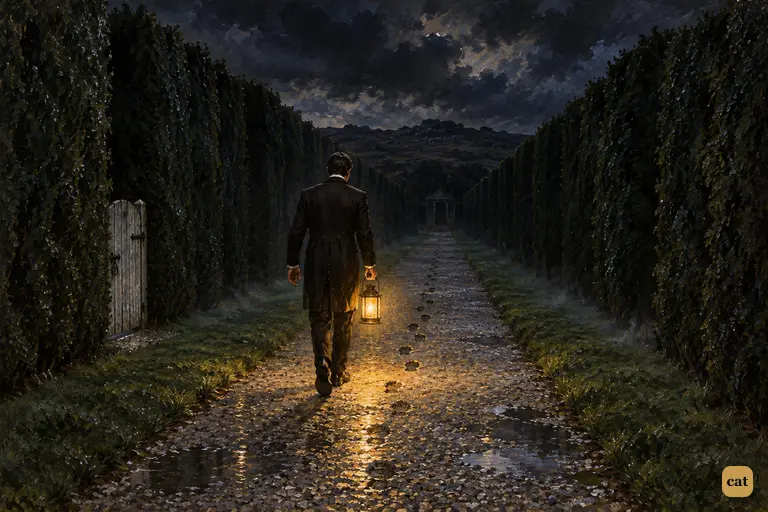 At midnight, Barrymore lights a lantern and walks alone down the black yew alley