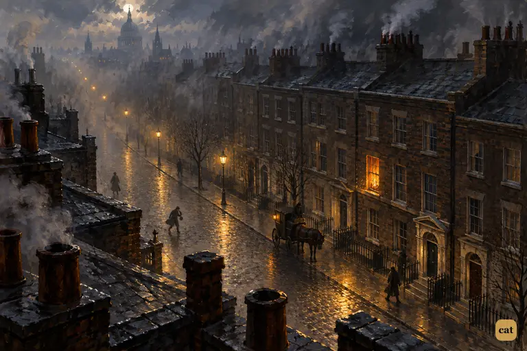 London lies in November fog; one Baker Street window glows with firelight