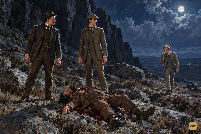 Across the moonlit moor a small red cigar-glow comes toward Holmes and Watson as they stand over the dead convict at the foot of the cliff.