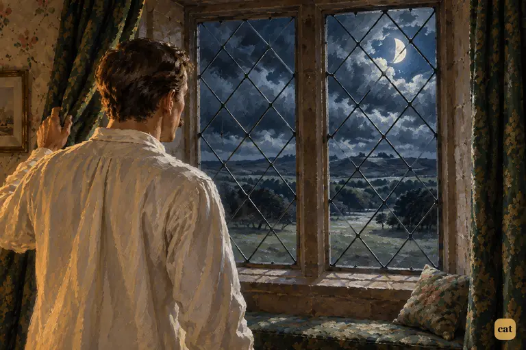Watson holds the curtain aside and looks out at the moor under a cold half moon