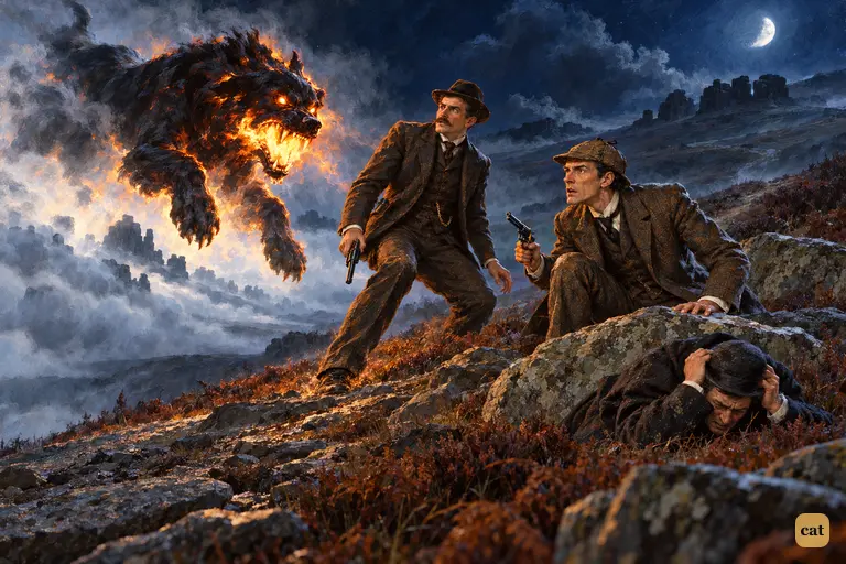 Out of the moonlit wall of fog, the coal-black hound leaps with fire at its jaws.