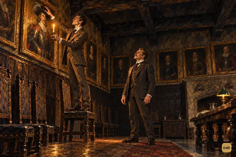 Holmes stands on a chair under the portrait of Hugo Baskerville, holding his candle high, and curves his arm over the painted hat and ringlets.