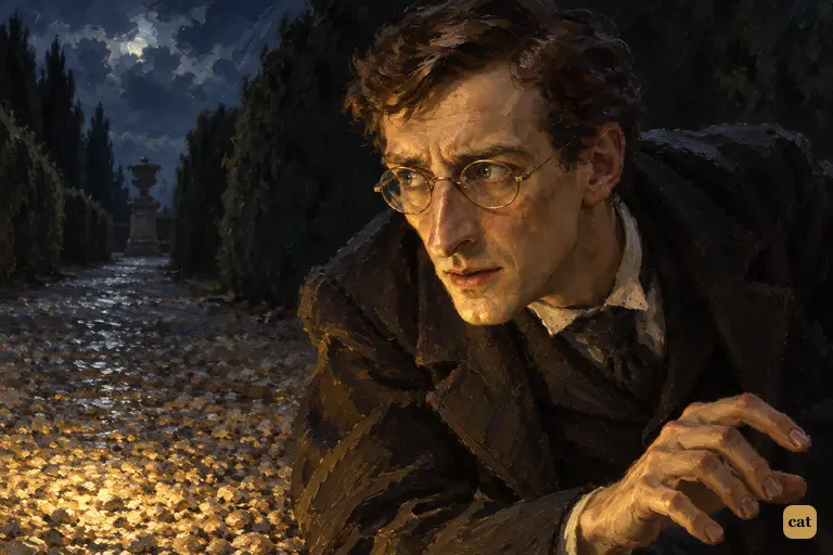 Dr. Mortimer kneels by the body in the yew alley and jerks toward a dark patch of gravel