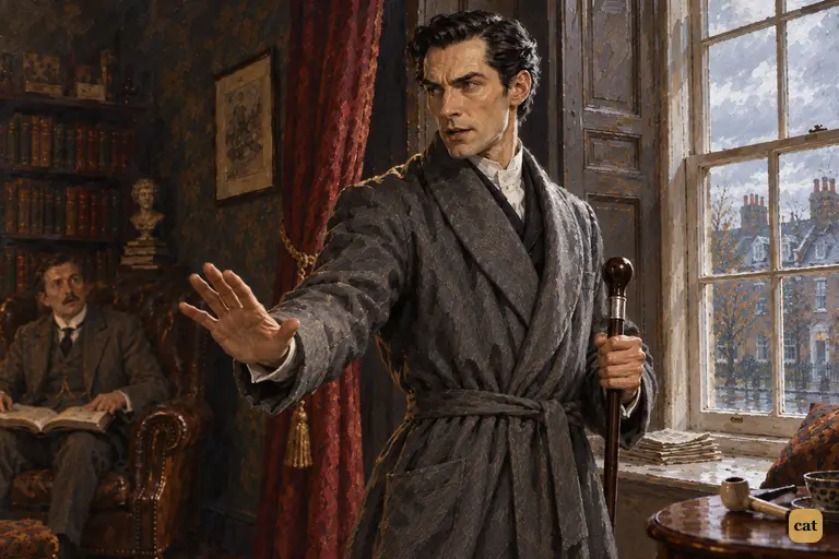 Holmes has just turned from the window, stick in hand.