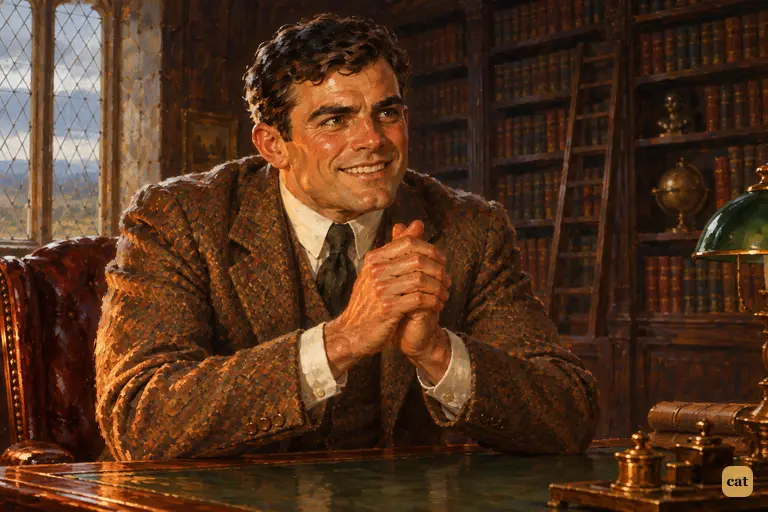 Sir Henry leans over his desk and rubs his hands with boyish glee