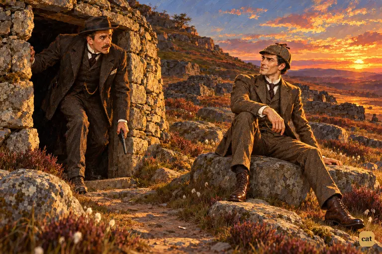Watson stoops out of the low doorway of the stone hut with his revolver still in hand.
