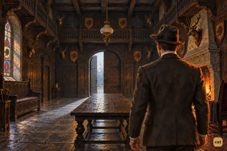 Sir Henry has gone out alone, and Watson stands by himself in the great hall of Baskerville Hall.