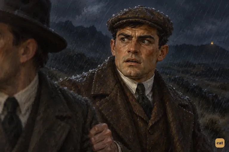 Sir Henry stands rigid on the rain-swept moor, chalk-white, gripping Watson's sleeve
