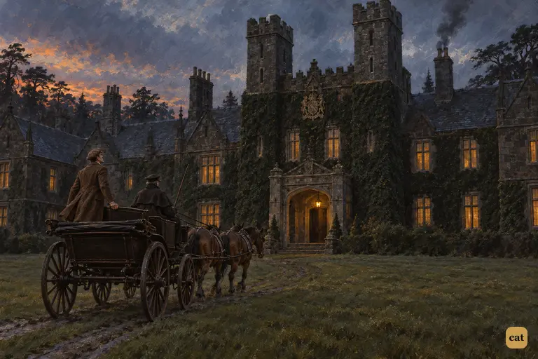 At dusk the wagonette rolls across the lawn toward Baskerville Hall.
