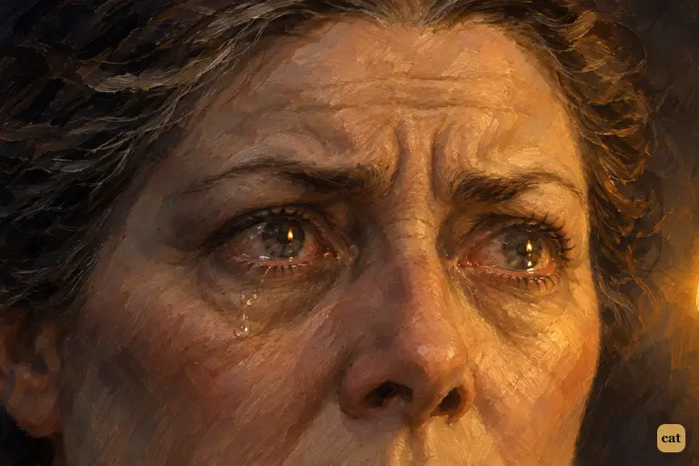 An extreme close-up of Mrs. Barrymore's eyes as she names her brother, the escaped convict Selden.