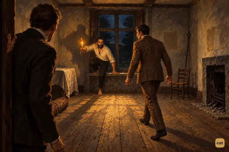 Sir Henry walks in and Barrymore springs up from the window, holding a shaking candle