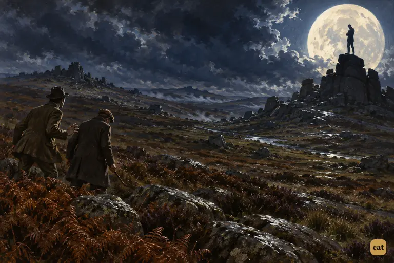 A tall black figure stands still on a granite tor against the low silver moon