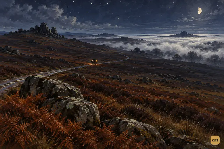 Tiny wagonette lamps creep across the black moor toward the fog over the Grimpen Mire