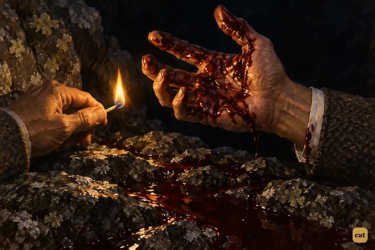 Holmes's match shows his fingers thick with blood from the figure at the cliff foot