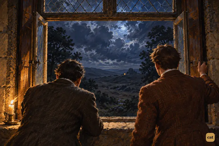 Watson and Sir Henry look from the open window at one yellow light near the Cleft Tor