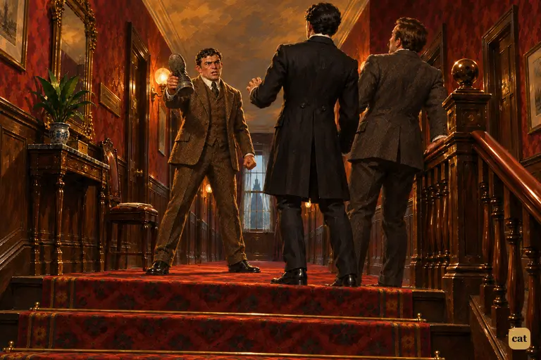 At the top of the Northumberland Hotel stairs, Holmes and Watson run into Sir Henry