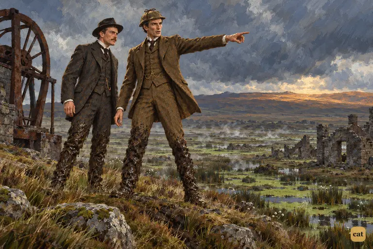 Standing on the rim of the old tin-mine island, Holmes sweeps his long arm over the endless green-splotched Grimpen Mire and names Stapleton the most dangerous man they have ever hunted.