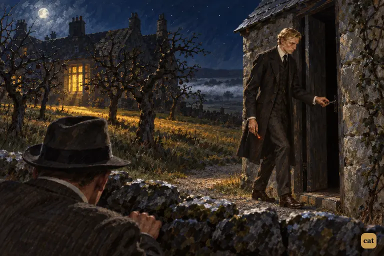 Behind the orchard wall, Watson watches Stapleton unlock the out-house