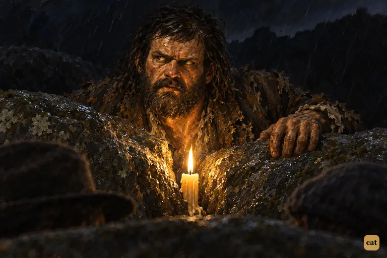 Selden's mire-smeared face rises over the rocks, lit from below by a hidden candle