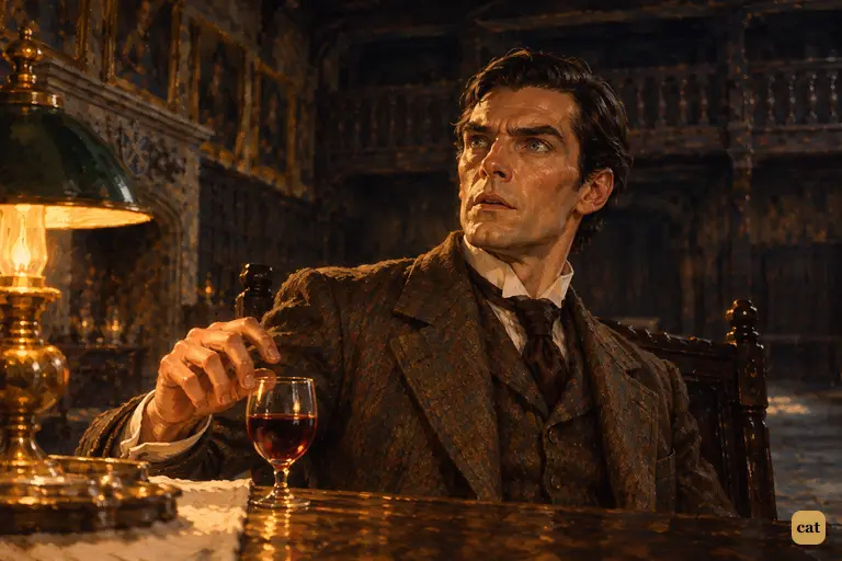 Holmes stops in the middle of a sentence at the lamplit supper table and stares up past Watson's head.