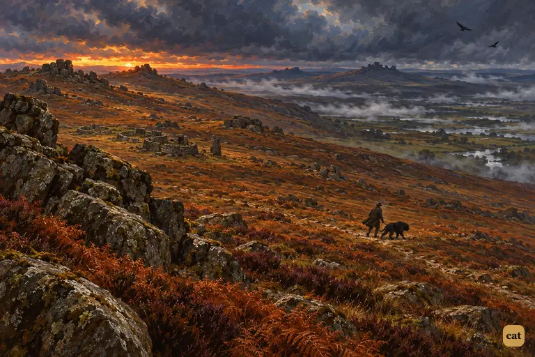 Stapleton leads the newly bought hound on foot across the open moor at a stormy dusk