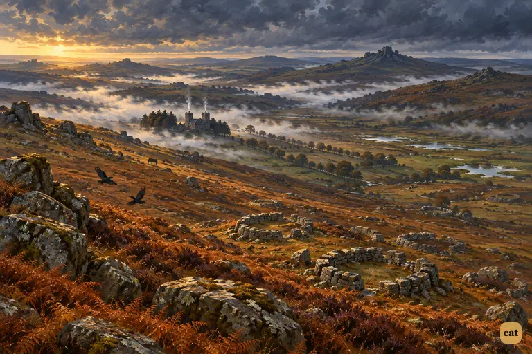 Cold dawn over the moor: the Hall is tiny in its misty hollow, stone huts on the hills