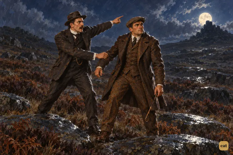 Watson points at the granite tor against the moon, but the man there is already gone
