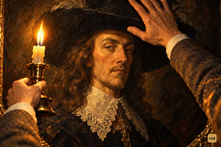 Holmes curves his arm over the Cavalier's plumed hat and ringlets by candlelight.