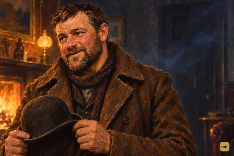 The cabman John Clayton stands on the hearth-rug with his bowler in his hands.