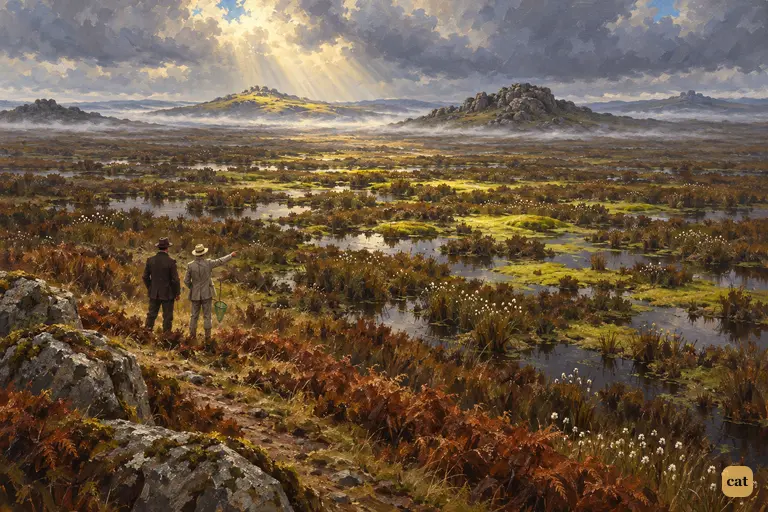 From the moor path, Stapleton points Watson toward the smooth green plain of the Grimpen Mire.