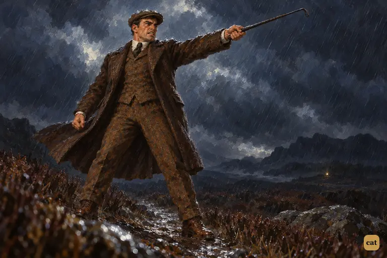 Sir Henry is still pale from the hound's cry, but he plants his feet on the rain-swept moor path.