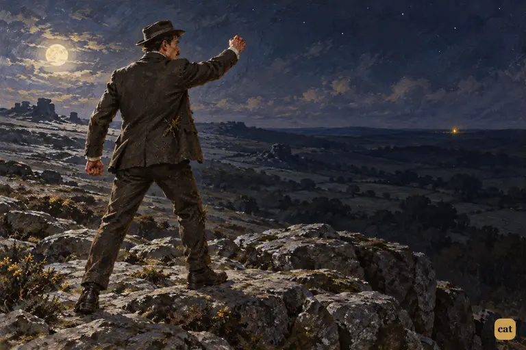Alone on the moonlit summit, Watson shakes his fist at the Stapletons' far light
