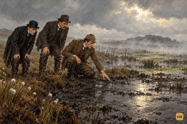 On the firmer ground past the morass, Holmes, Watson and Lestrade bend over the smooth black mud looking for Stapleton's footprints.