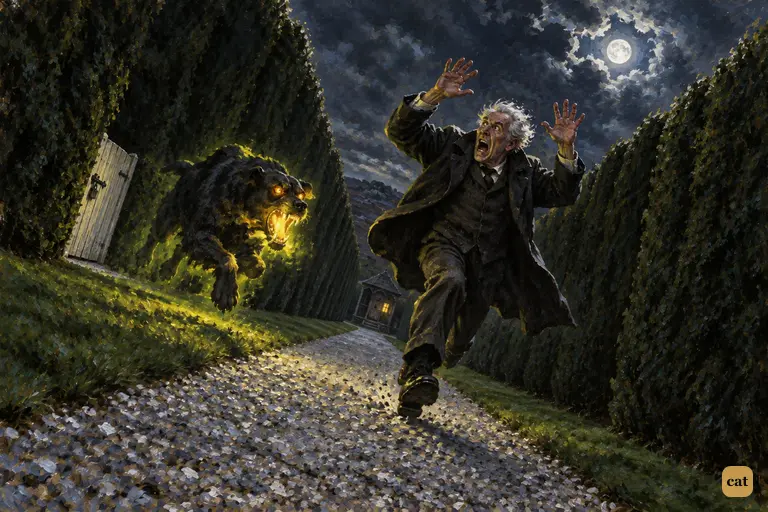 A huge black hound with flaming jaws chases Sir Charles Baskerville down the yew alley