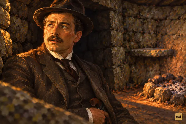 Watson is crouched in the dark recess of the stone hut with his hand on his revolver.