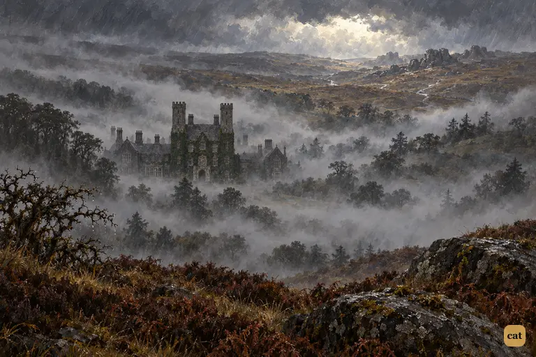 Fog fills the hollow around Baskerville Hall and only its two dark towers stand clear