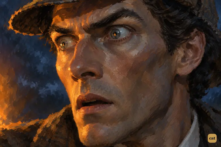 For the first time, the man who is never surprised is struck with amazement: Holmes's pale face freezes in a fixed stare and his lips part.