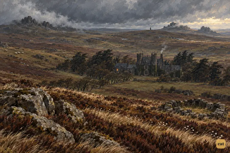 Baskerville Hall sits small and alone in its hollow as the grey moor rolls around it
