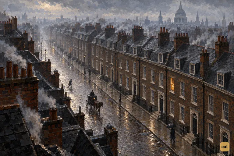 A high view over a long grey Baker Street terrace on a damp London morning.