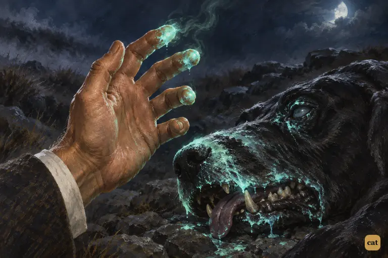 Watson's fingertips smoulder with cold blue flame from the dead hound's muzzle