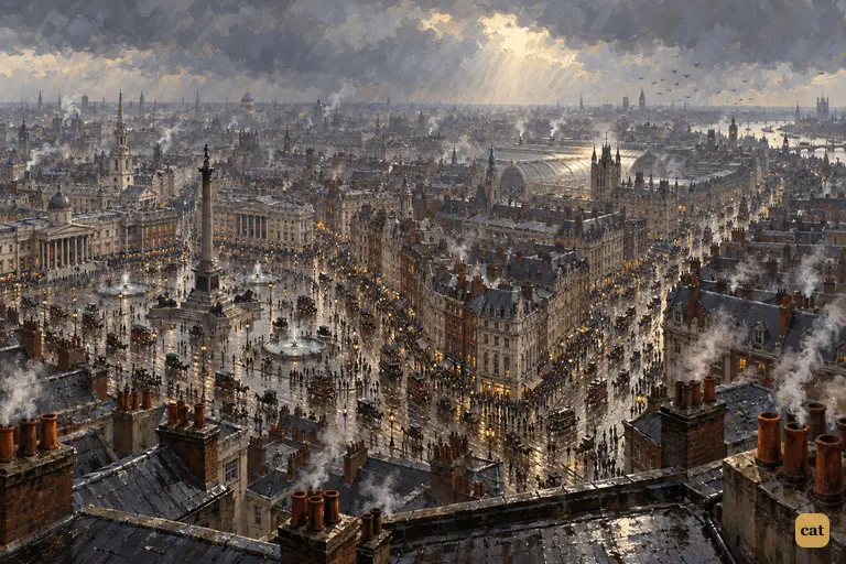 A grey London midday seen from high above Trafalgar Square, looking toward Charing Cross.