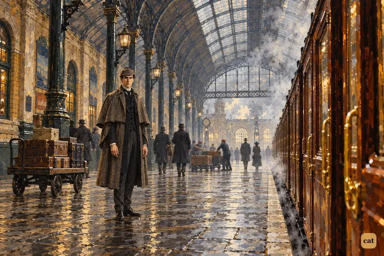 As the train pulls out of Paddington, Watson looks back and sees Holmes far down the grey platform.