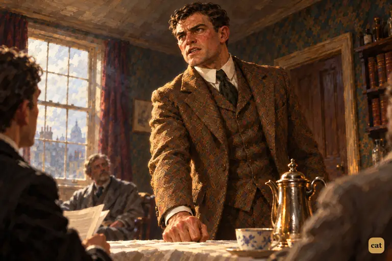 Sir Henry Baskerville stands at the breakfast table, fist on the cloth, face flushed red