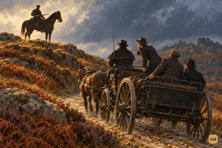 A mounted soldier on a heath-clad spur watches the wagonette carrying the returning heir