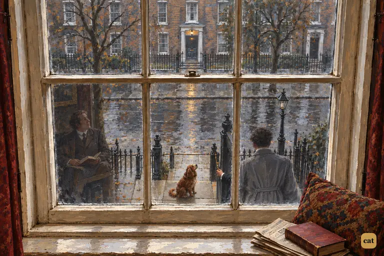A curly-haired spaniel waits on the doorstep below 221B as its owner pulls the bell
