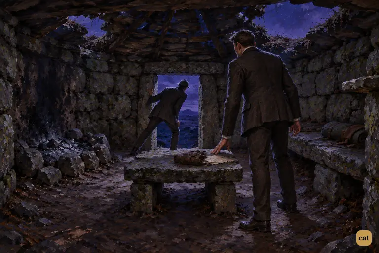 The scream tears across the night moor, and Holmes springs to the low doorway of the stone hut, a stooping black outline against the violet sky.